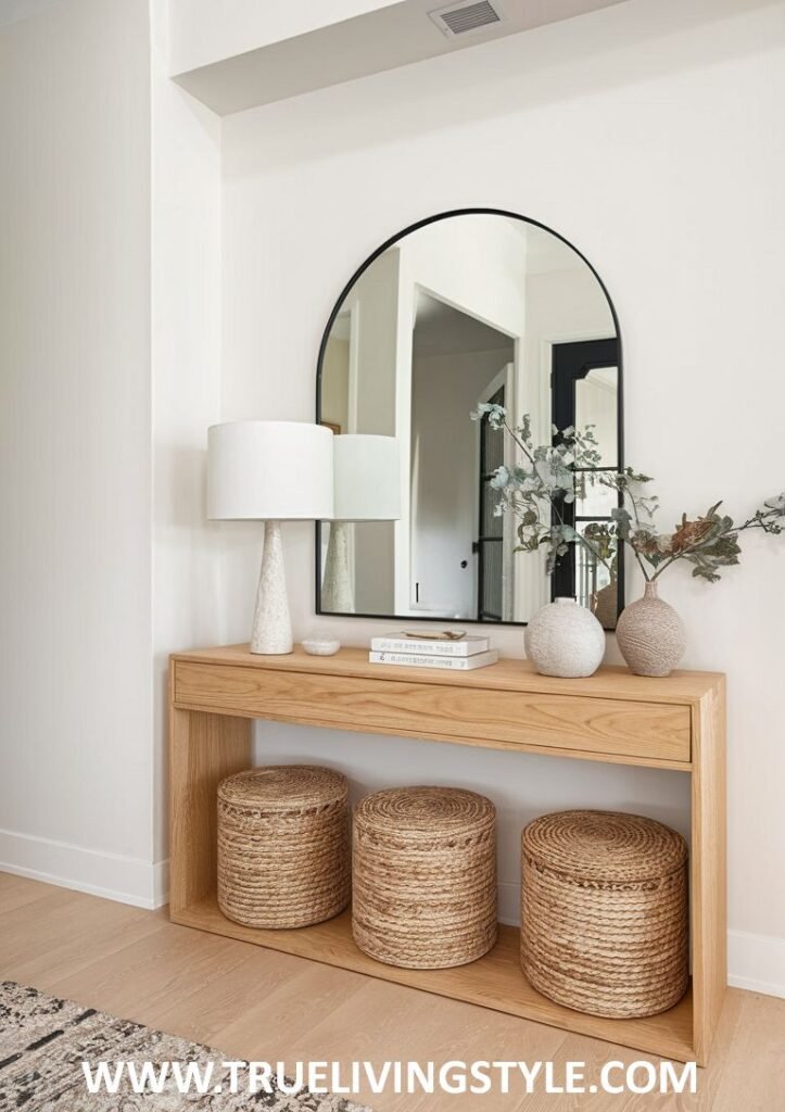 A brightly lit entryway with a mirror over a wooden console table and three round storage baskets.