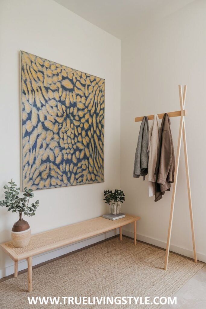 A simple entryway setup with a wooden bench, a coat rack, and a decorative painting.