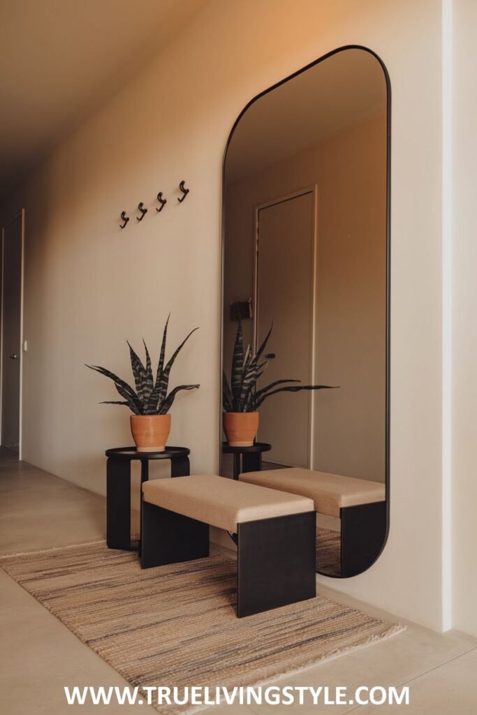 A narrow hallway featuring a mirror, a bench, plants, and coat hooks.