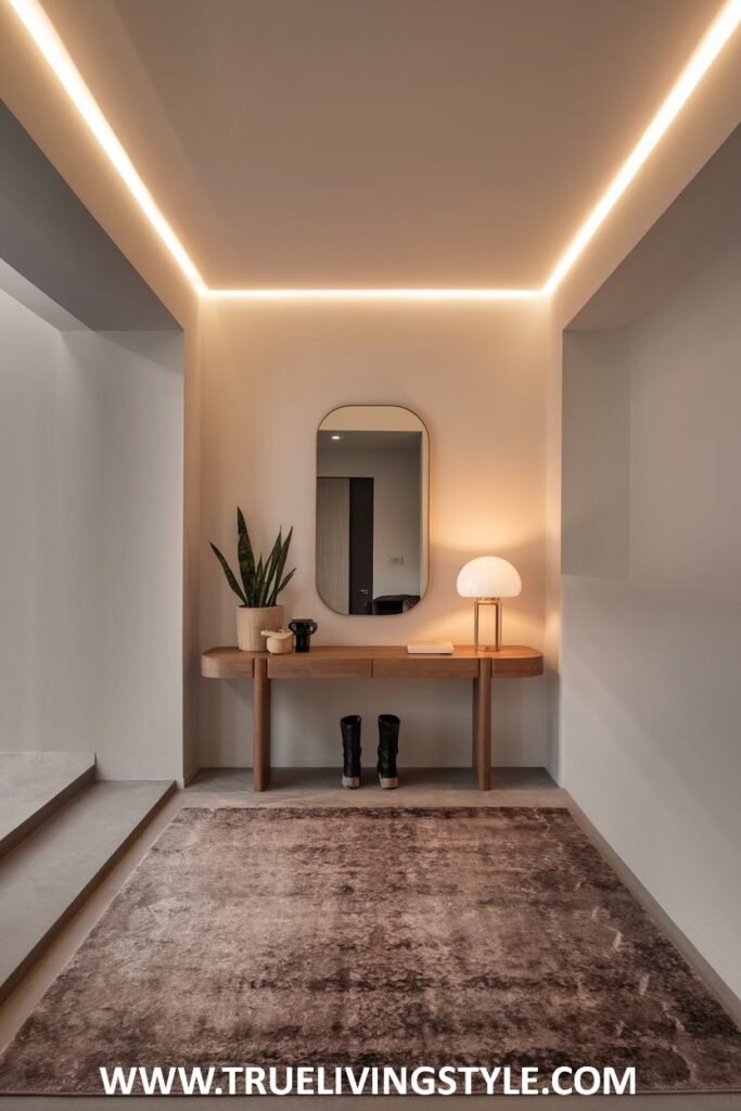 A hallway featuring a console table with decorations, a mirror, and a large rug.