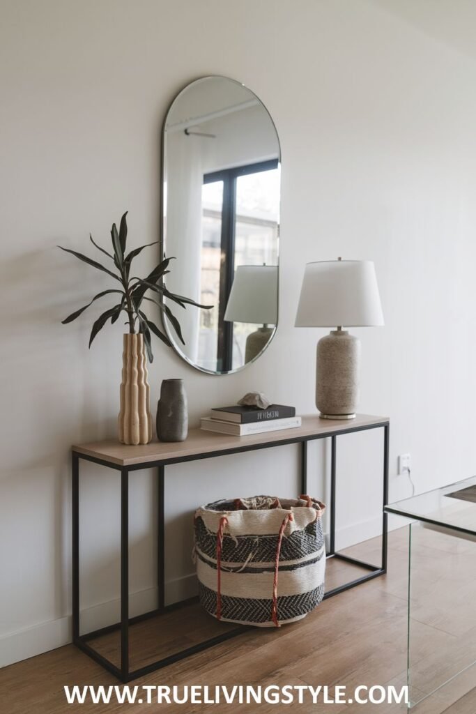 An entryway table decorated with a lamp, vase, books, and a basket underneath, with a mirror hanging above.