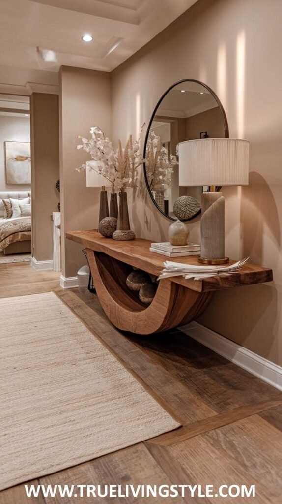 An elegantly decorated hallway with a curved console table, a round mirror, and decorative items.