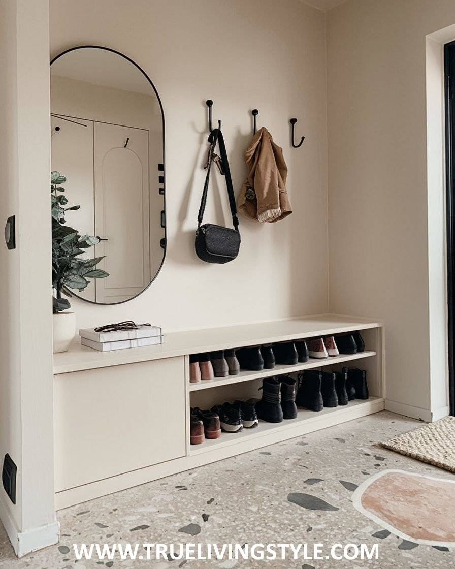 An entryway with a bench that includes shoe storage, a mirror, and coat hooks.