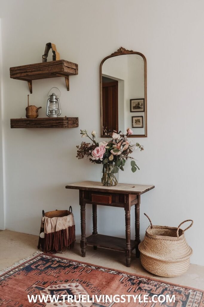 A vintage-style entryway with wooden shelves, a mirror, a small table with flowers, and decorative baskets.