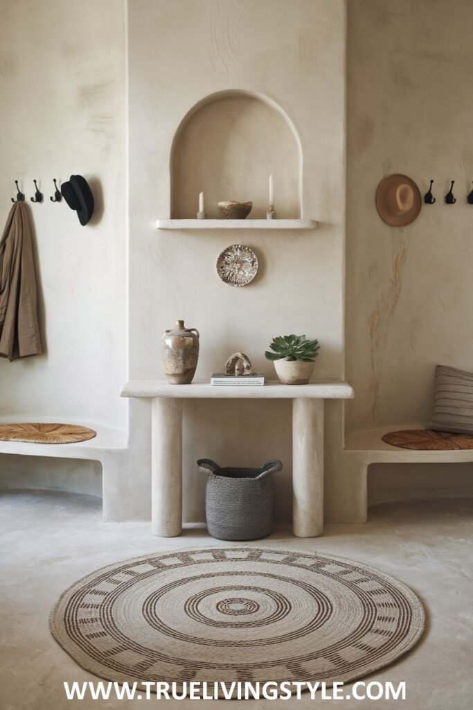 An arched entryway with a built-in bench, a table in the arch, coat hooks, and a circular rug.