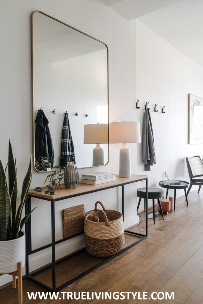 An entryway featuring a mirror, a console table, coat hooks, and a tall plant.