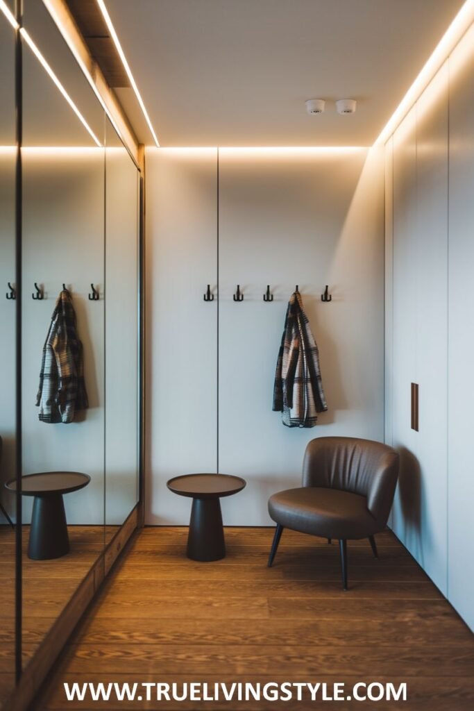 A modern closet area with a large mirror, a small table, a chair, and coat hooks.