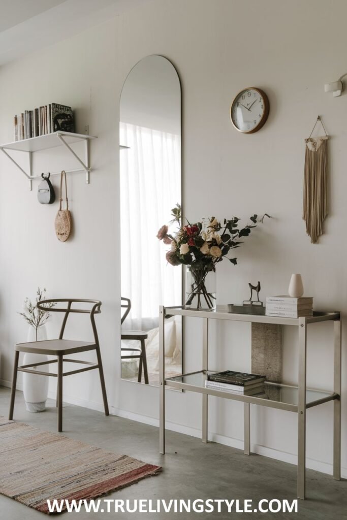 An entryway featuring a mirror, a console table, a shelf with hooks, and a chair.