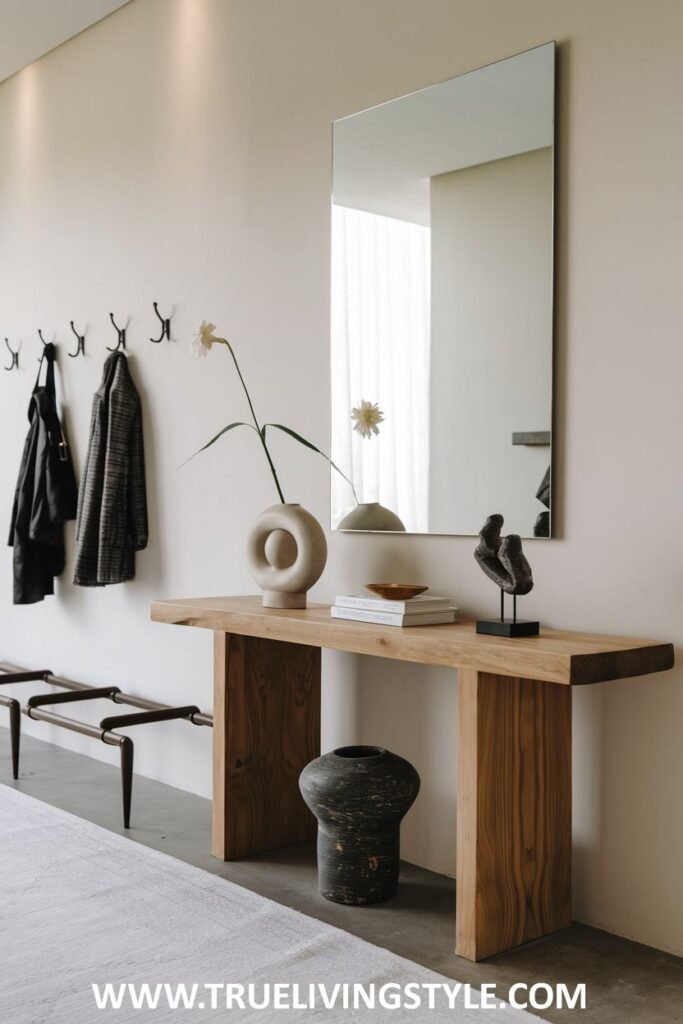 An entryway featuring a mirror, a wooden console table, coat hooks, and a bench.