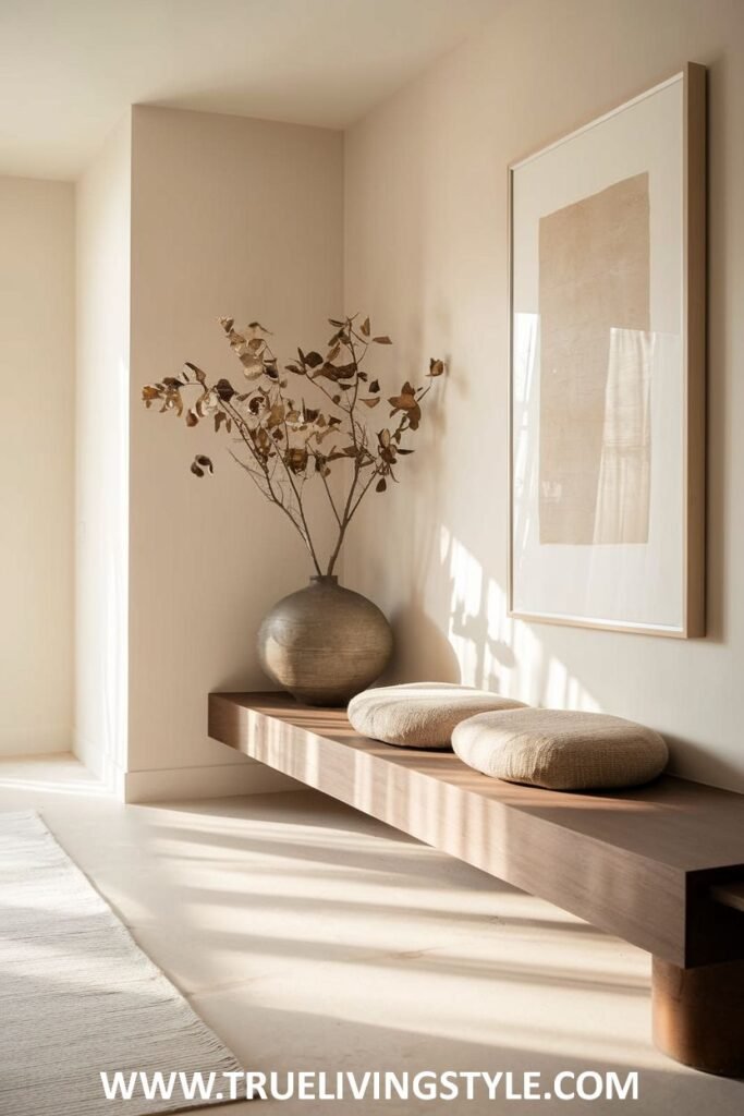 A bright hallway featuring a wooden bench with cushions and a framed print.