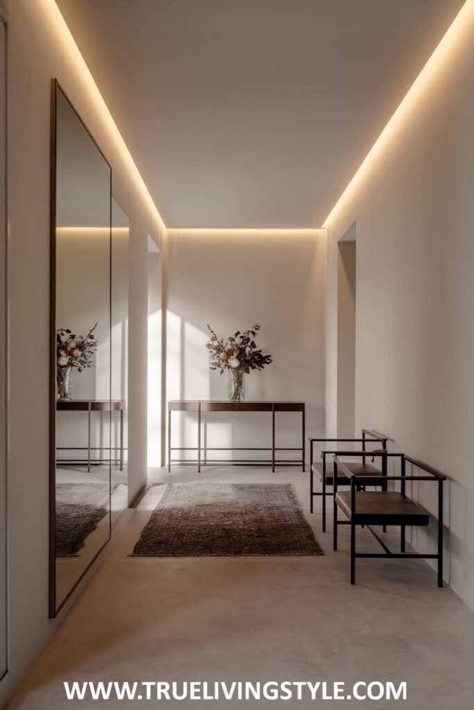 A hallway with a console table, chairs, a rug, and a large mirror, illuminated by strip lighting.