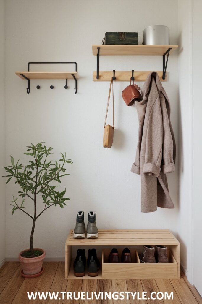 An organized entryway featuring a bench with shoe storage, wall-mounted shelves with hooks, and a potted plant.