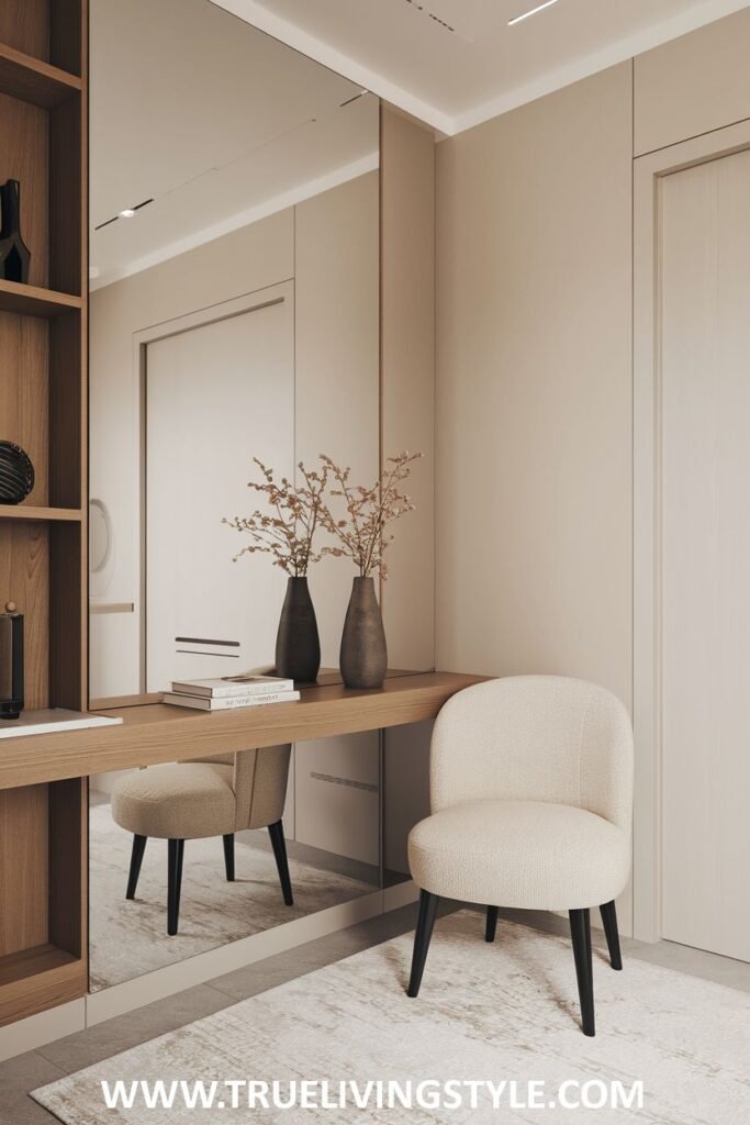 A stylish corner with a vanity or desk, a chair, and a mirror reflecting the scene.