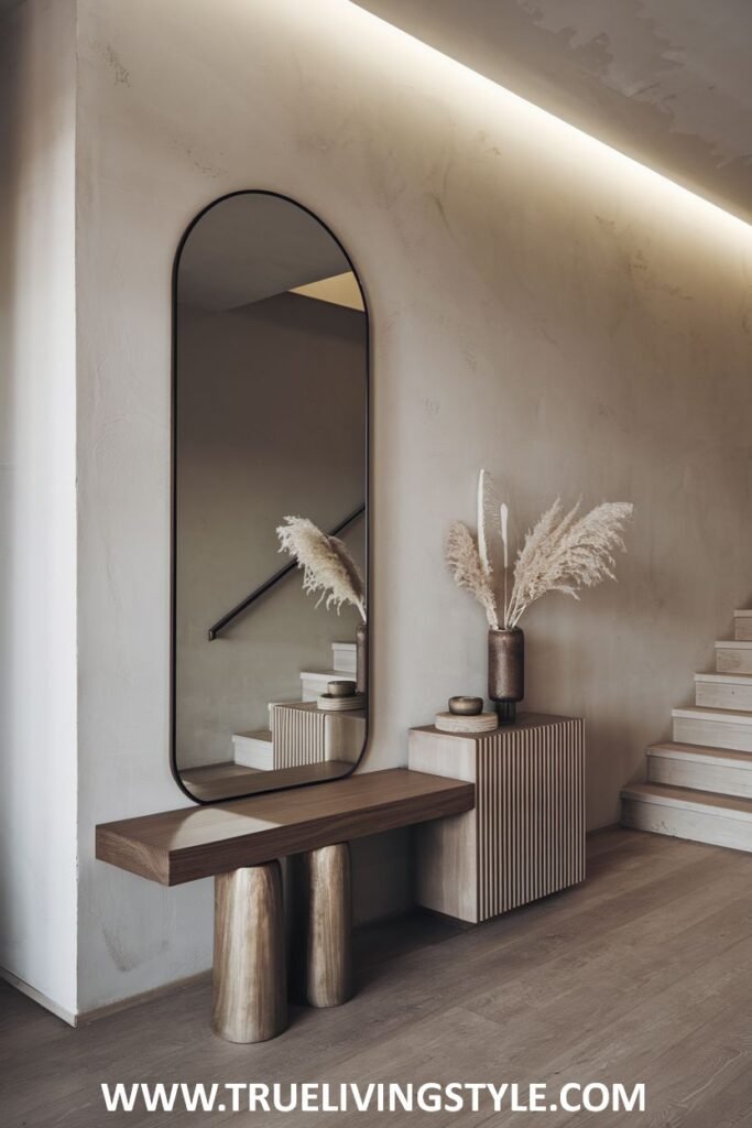 An entrance area showcasing a wooden bench with unique leg supports, a cabinet, a mirror, and decorative plants.