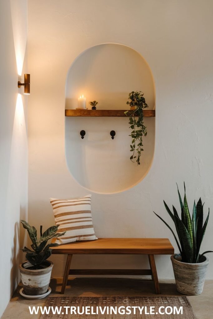 A cozy nook with a wooden bench, plants, a decorative pillow, and a recessed shelf with lighting.