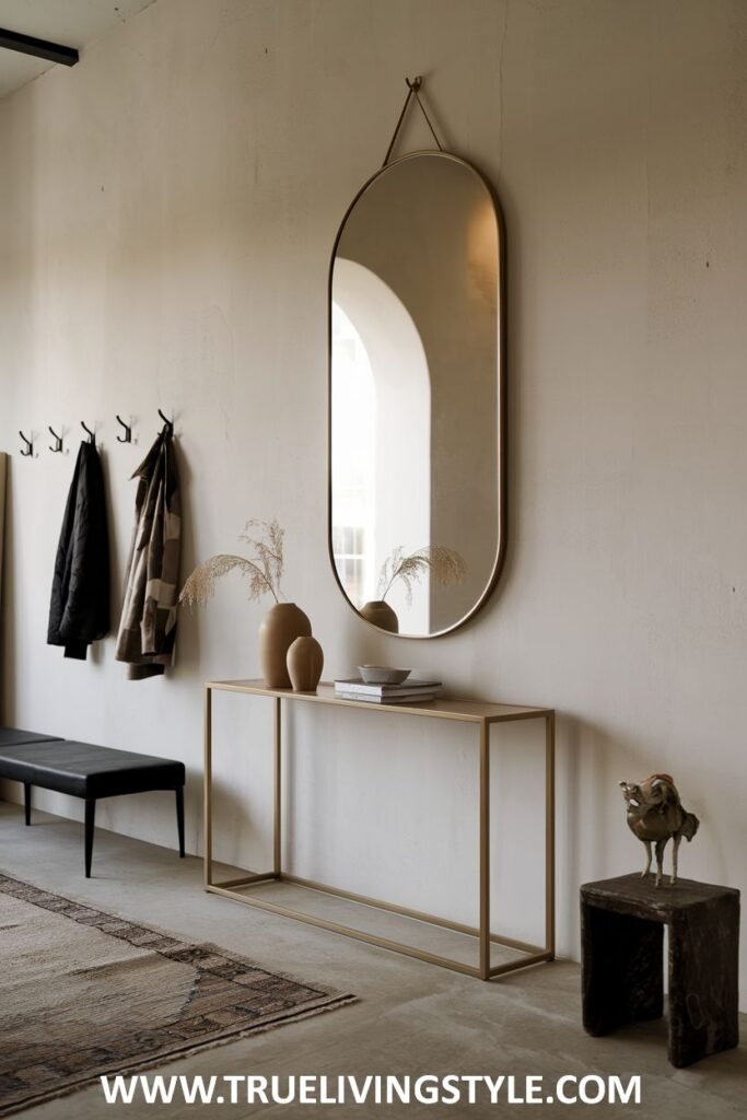 An entryway featuring a long console table, a mirror, coat hooks, and a bench.