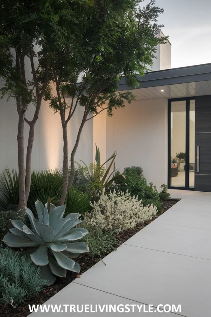 Native plants are featured alongside a white pathway leading to a modern home.