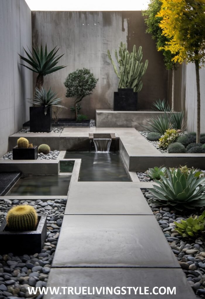 Water features are integrated with stone pavers and plants in a minimalist garden.