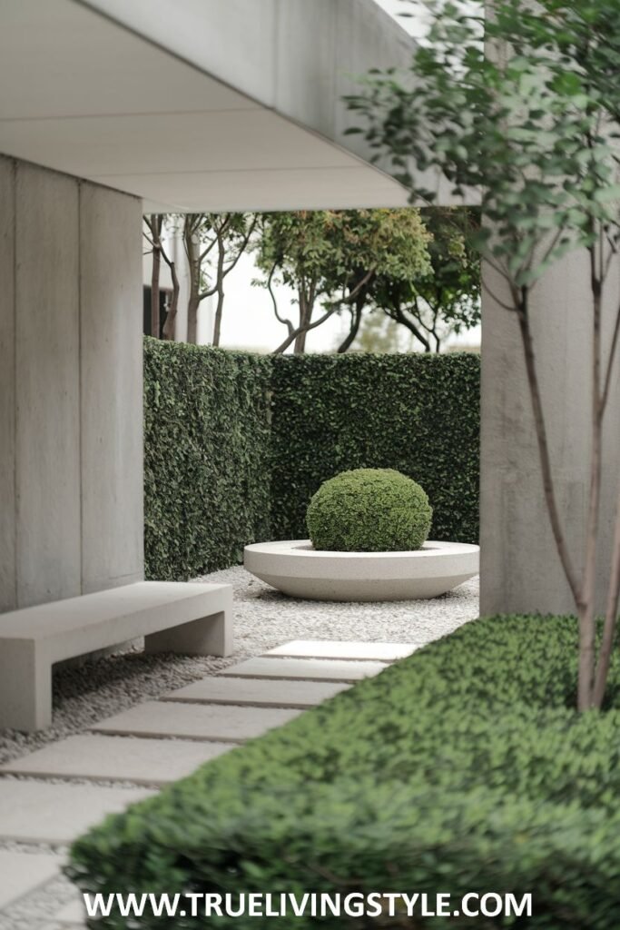 A green space is created with trimmed hedges, a stone bench, and pavers.