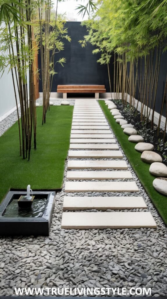 Bamboo, artificial turf, stone pavers, and a water feature create a modern garden.