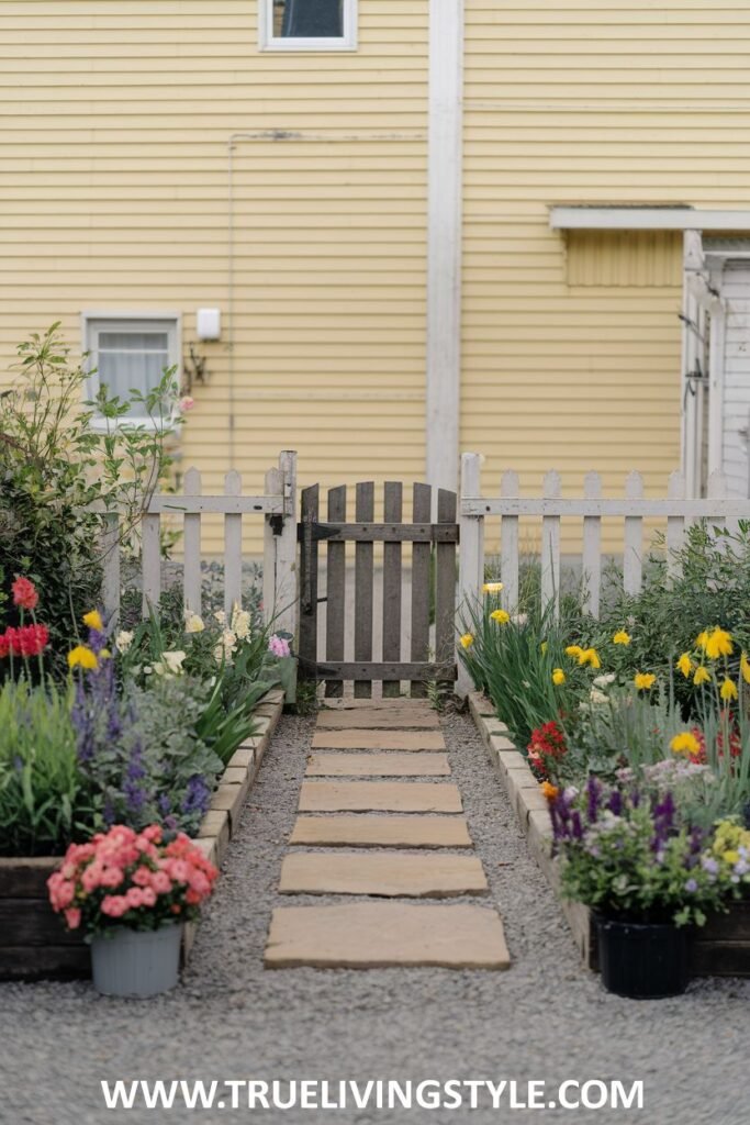 A stone path leads to a wooden gate, bordered by colorful flowers.