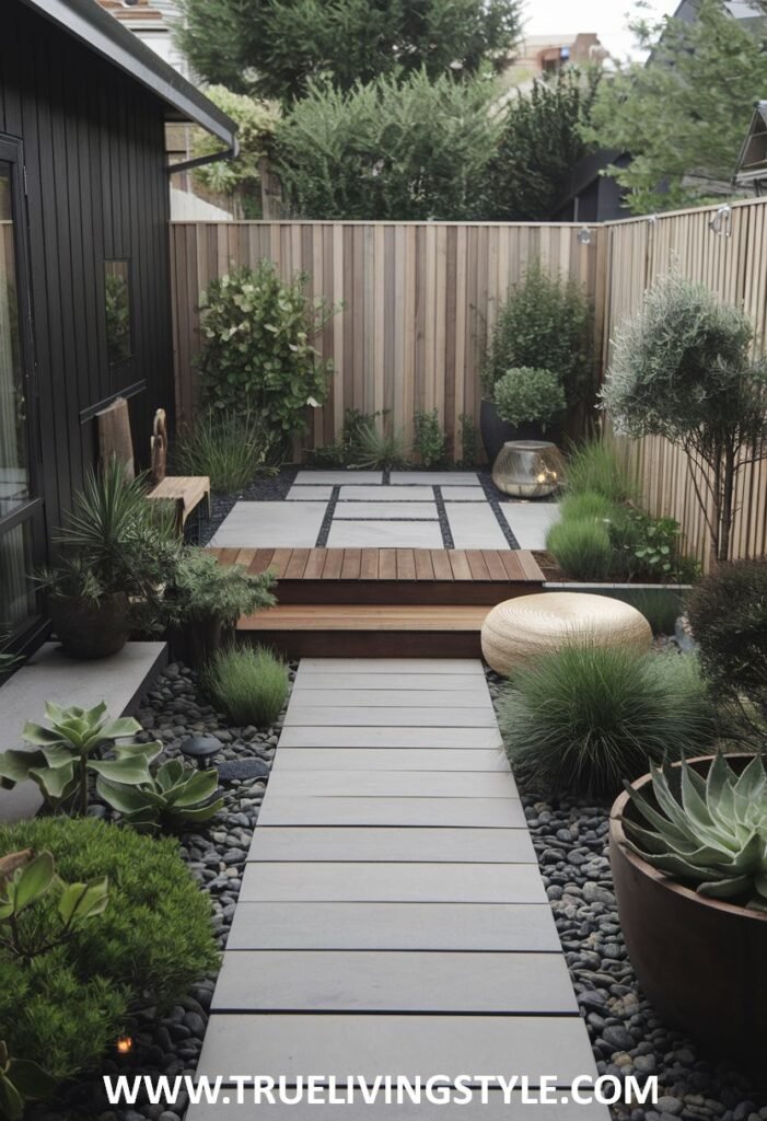 Wooden steps break up a stone path, surrounded by plants and greenery.