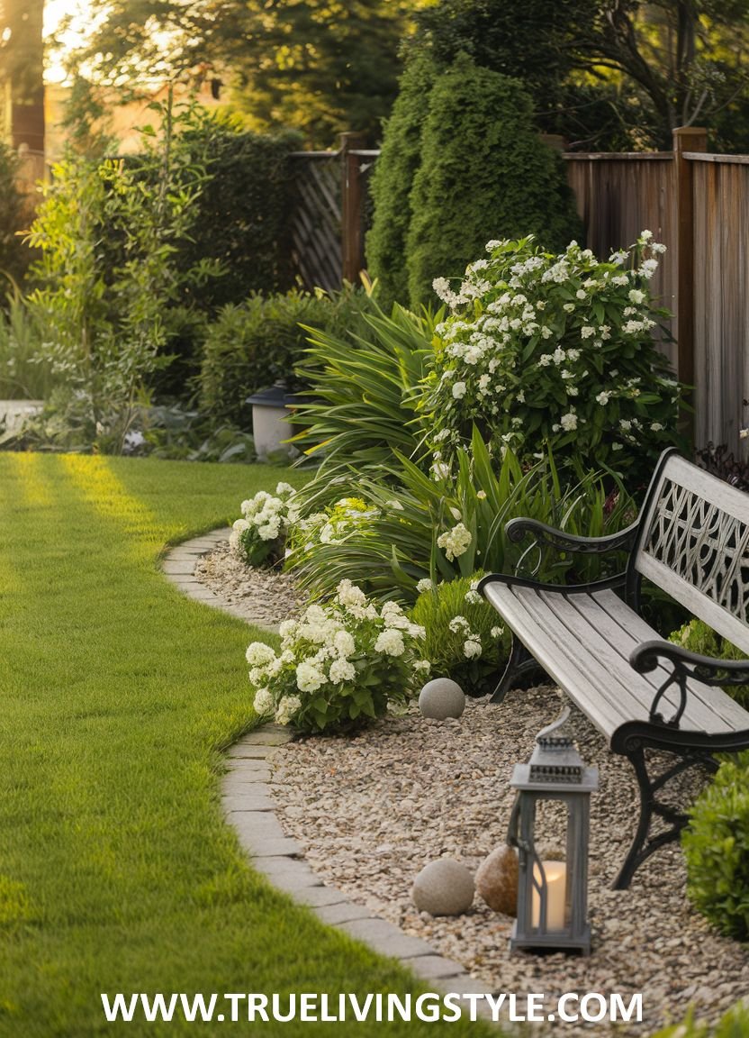 A lawn is edged with stone and a gravel bed, featuring a bench and shrubs.