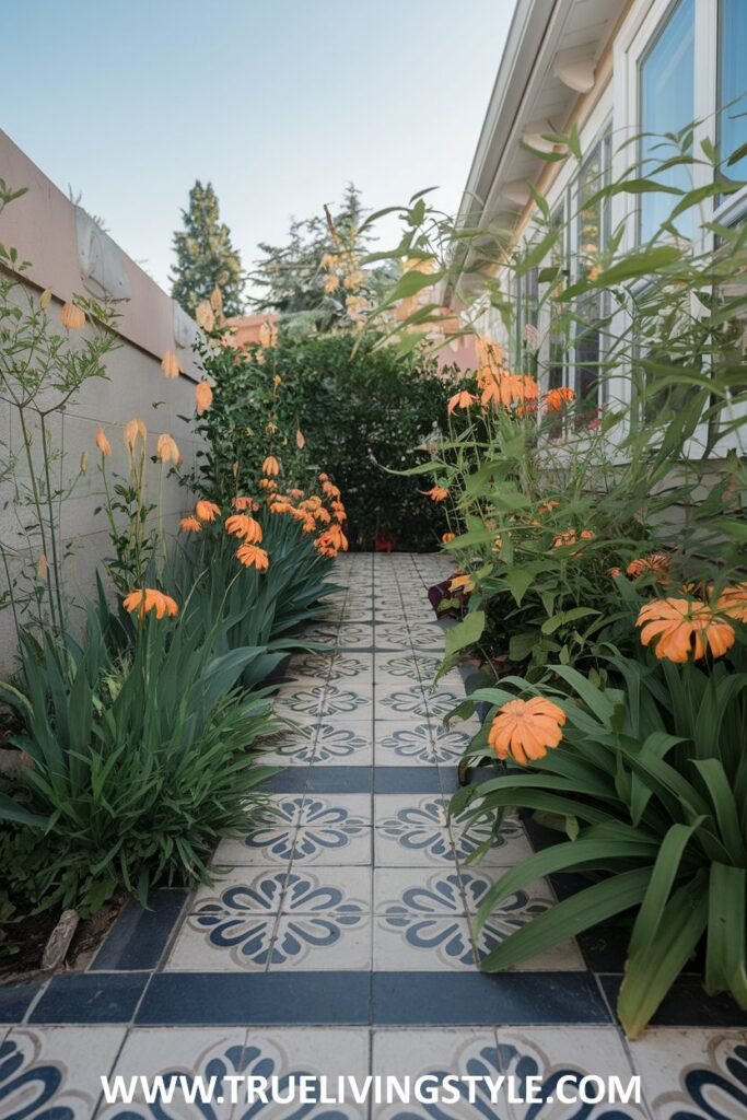 A tiled pathway is enhanced with colorful flowers and greenery.