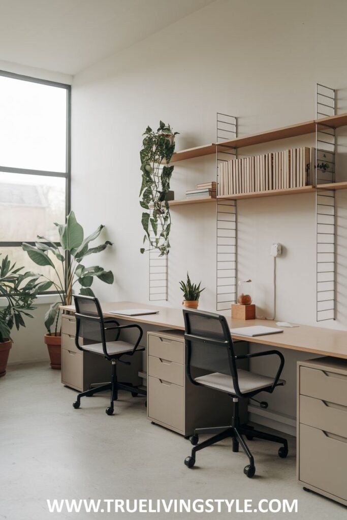 A minimalist home office featuring two desks with under-desk storage and indoor plants.