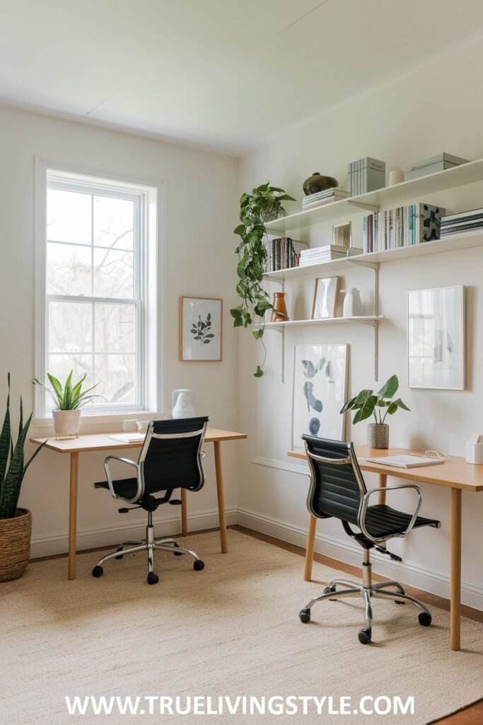 Simple wooden desks with ergonomic chairs placed near a window.