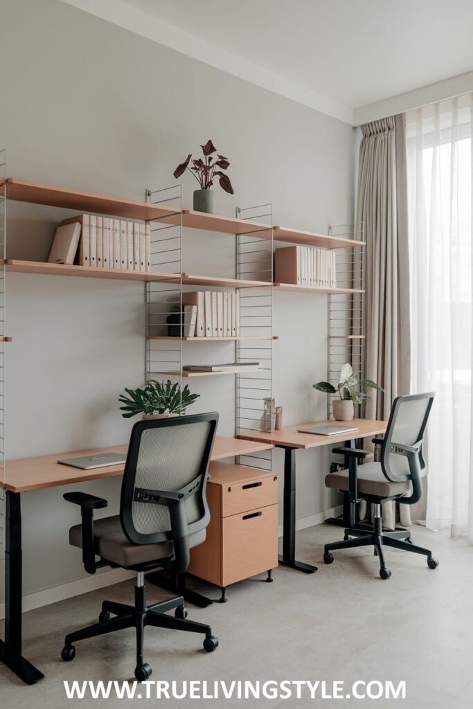 An L-shaped desk setup with shelving units for additional storage.