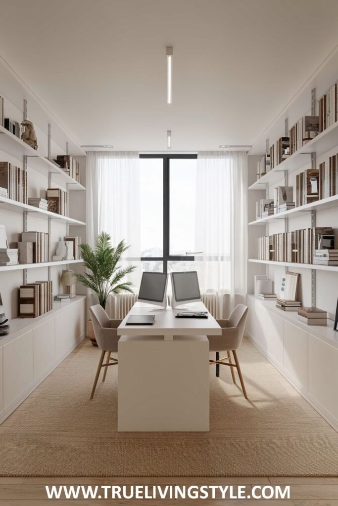 A central desk positioned facing a window to maximize natural light.