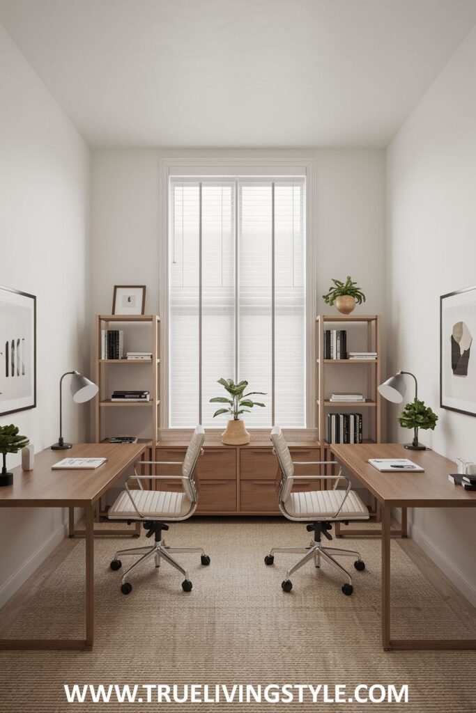 Identical desk setups separated by a central cabinet for shared storage.