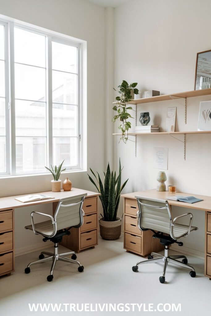 Corner desks with drawer units maximizing space and storage.