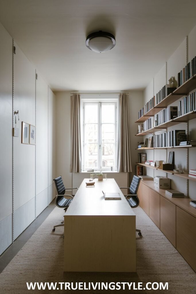 A shared central desk flanked by bookcases.