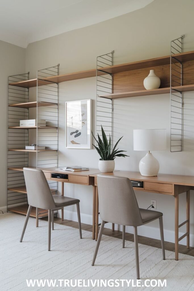 Minimalist desks paired with overhead shelves.