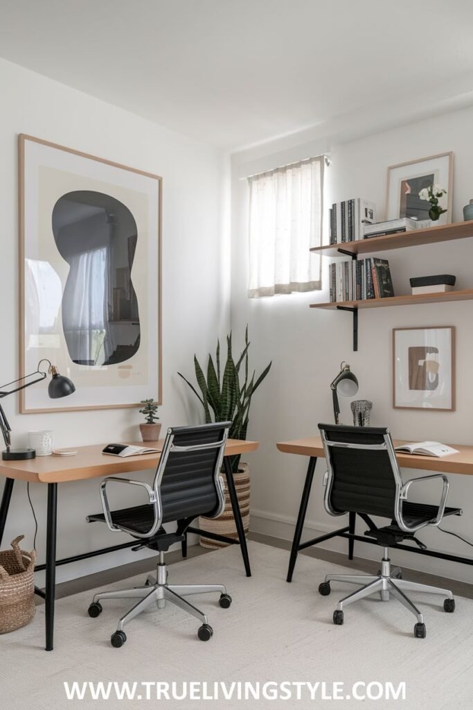 Matching desks set up with adjustable task lighting.