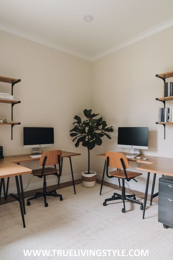 A corner office setup with matching desks, wall-mounted shelves, and a large potted plant.