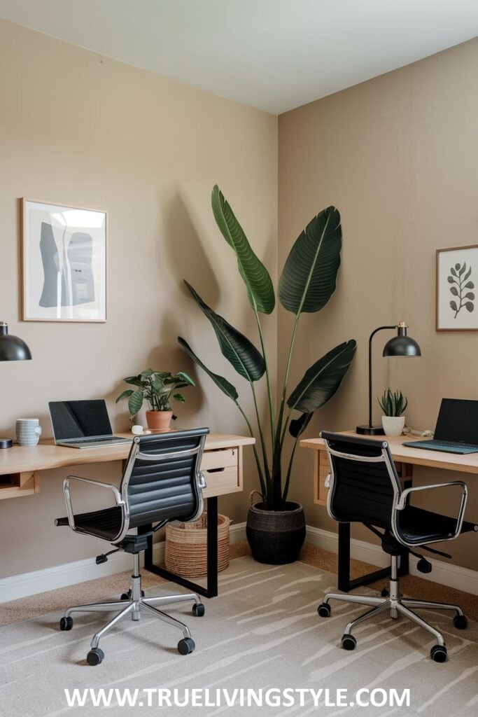 Simple wooden desks with comfortable rolling chairs and plants.