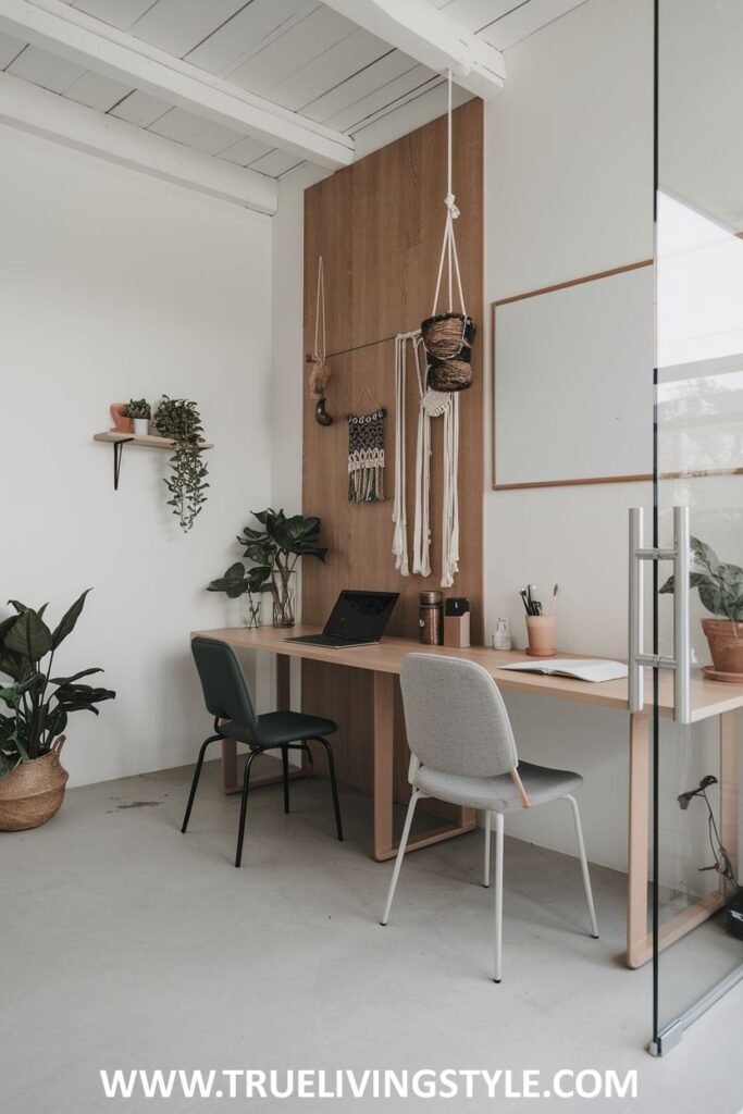 An open workspace featuring a long desk and whiteboard.