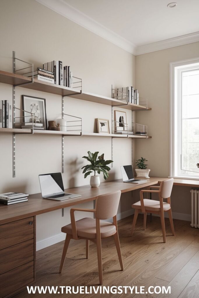 Wooden desks complemented by shelving units.