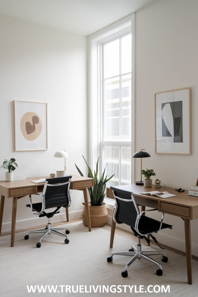 Individual desks using natural wood finishes, plants, and natural light.