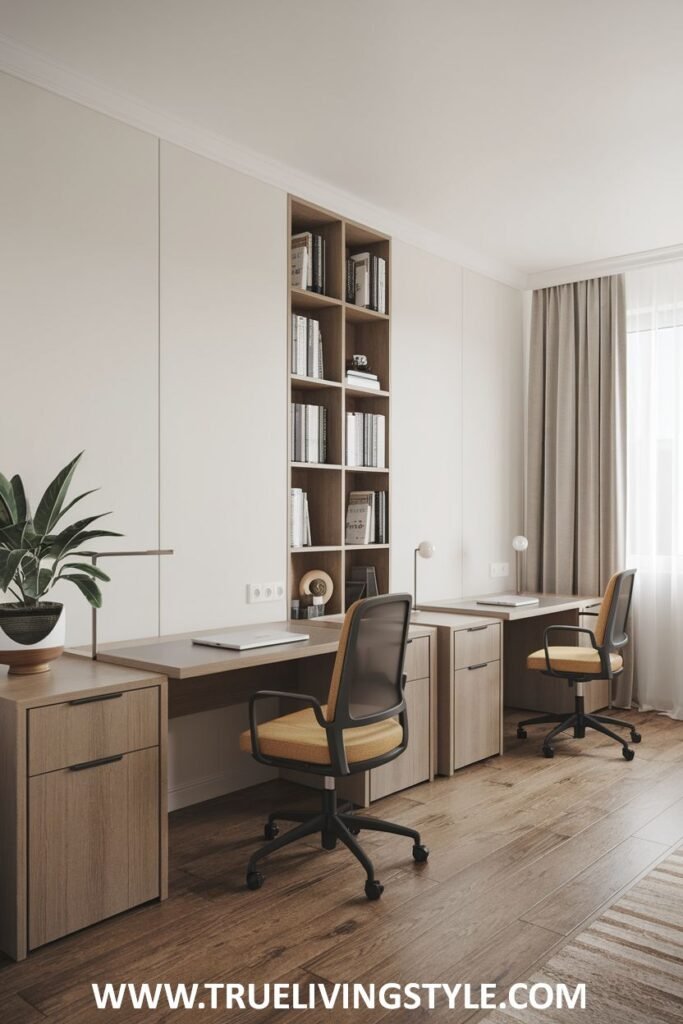 Built-in desks with drawer storage for an organized look.