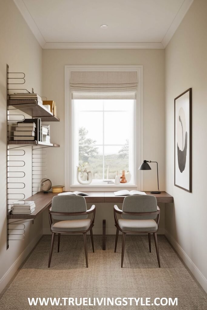 A desk positioned in front of a window, flanked by shelving units.