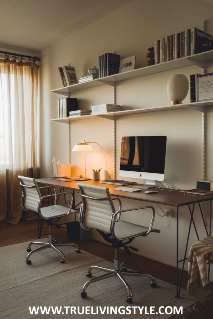 A shared home office space with two desks, rolling chairs, and floating shelves.