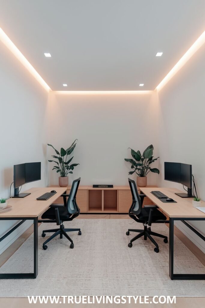 A parallel desk setup with a central storage unit and plants for a touch of nature.