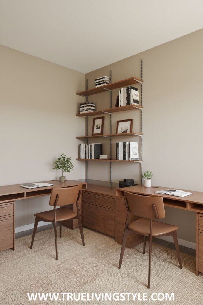 Matching wood desks with floating shelves creating a warm and cohesive look.