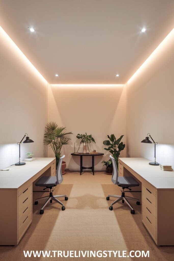 Clean white desks with drawer storage and adjustable desk lamps for a minimalist aesthetic.