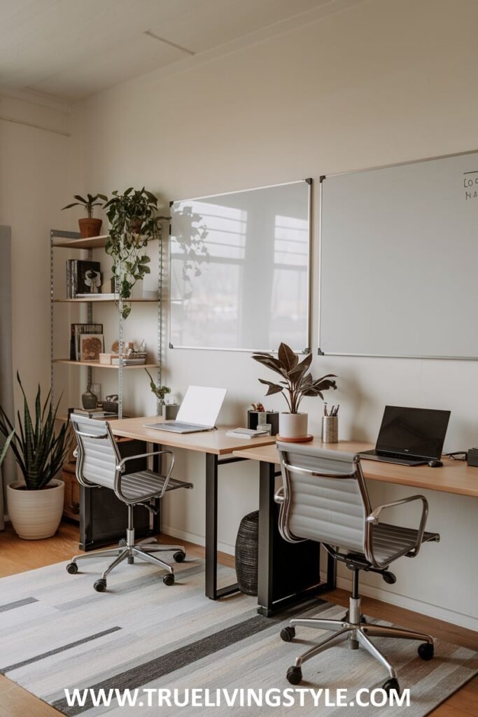 Dual desks with a whiteboard in between, accessorized with plants and floating shelves.