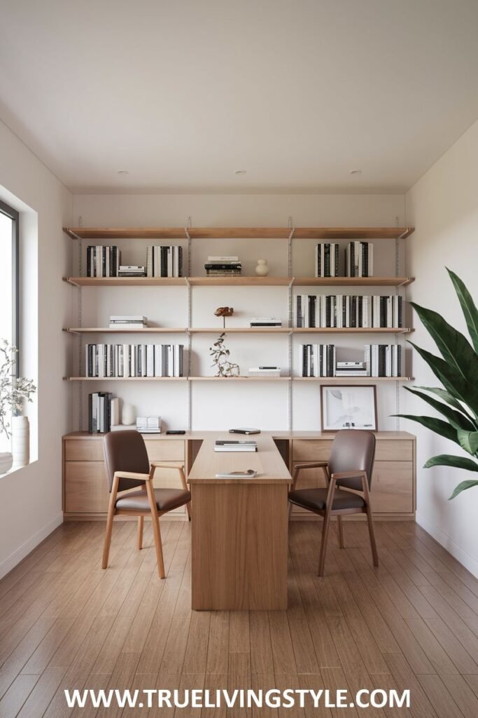 Matching desks complemented by wall-mounted shelves and cabinets.